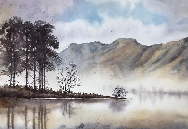 水彩风景画 山色空朦雾重重